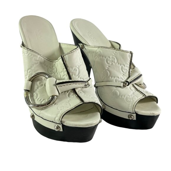 GUCCI White Leather Guccissima Horsebit Platform Clogs Italy Marked as 34.5-4.5 - Picture 3 of 11